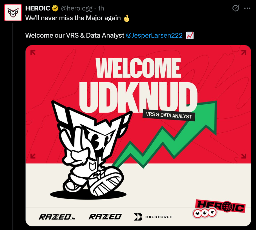 HEROIC官宣VRS权威Udknud加盟！Snappi教练组再添丹麦强援