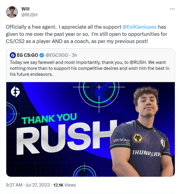 告别EG 冲哥RUSH成为自由人_5EPlay - 5EPlay赛凡网
