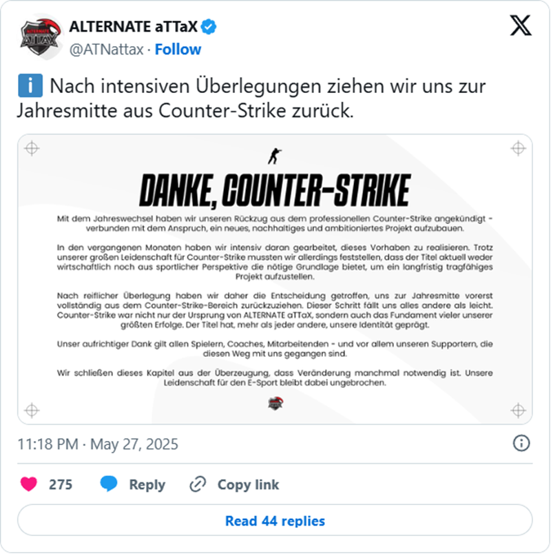 ALTERNATE aTTaX俱乐部宣布退出CS