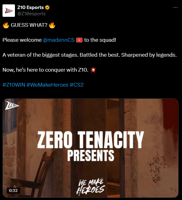 Zero Tenacity签约Maden填补阵容空缺，合同效力至少至下赛季