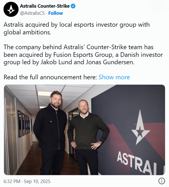 官宣：Fusion Esports收购Astralis战队