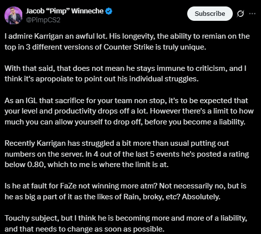 Pimp锐评karrigan成团队负担 FaZe数据滑坡引争议