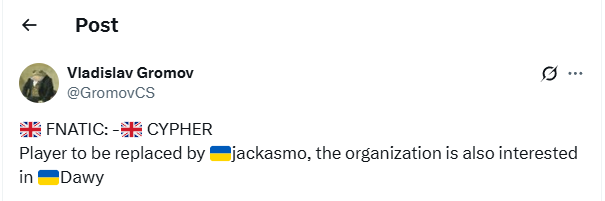 Gromov爆料：fnatic将下放CYPHER，招入jackasmo