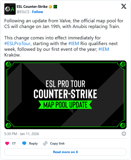 ESL官方比赛地图池调整：Anubis取代Train