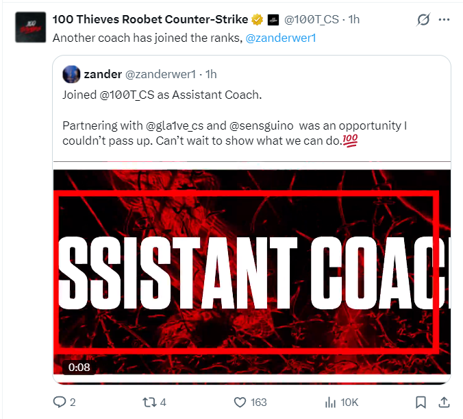 gla1ve再添强援！100 Thieves官宣前FUT助教zander加盟，剑指罗马帝国杯