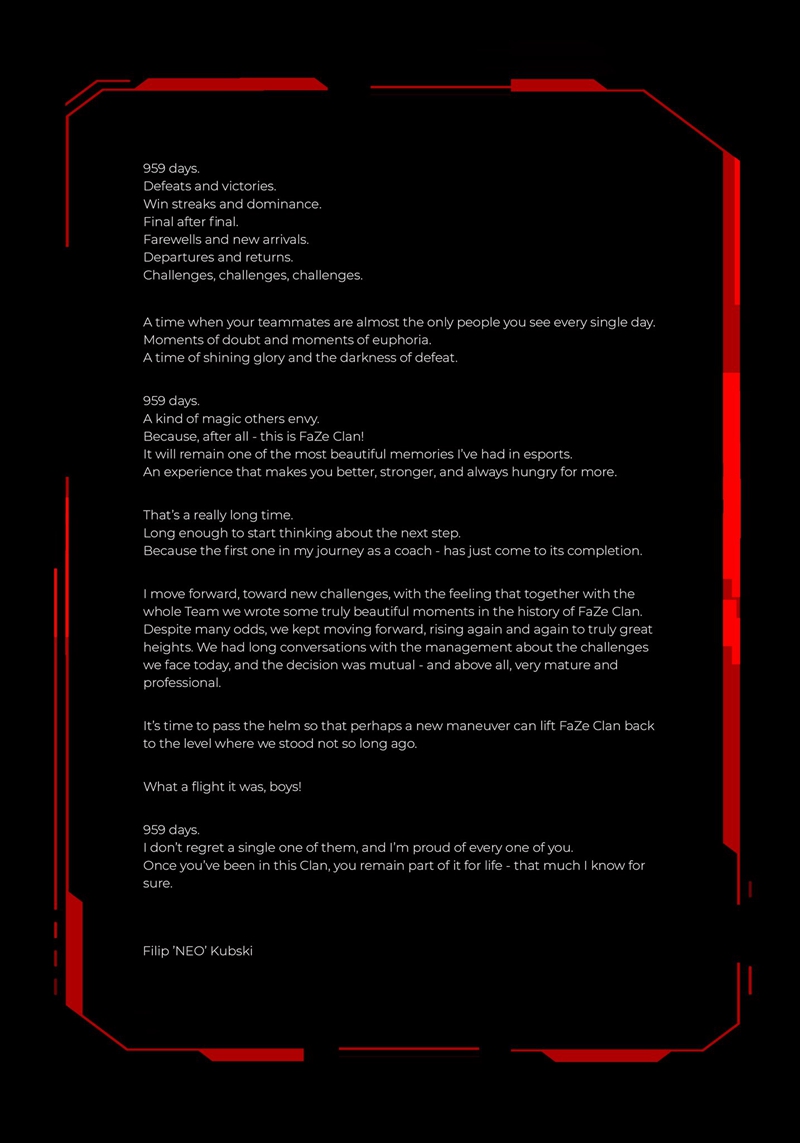 NEO发长文告别FaZe：959天的魔法旅程，是时候传递接力棒了