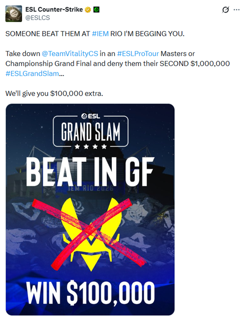  百万悬赏！ESL官方加码10万美金 全网征集能击败Vitality的“阻击者”