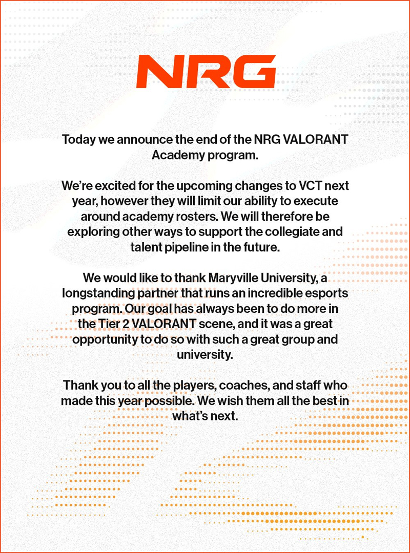 青训叫停!NRG宣布终止NRG Academy项目 青训叫停!NRG宣布终止NRG Academy项目